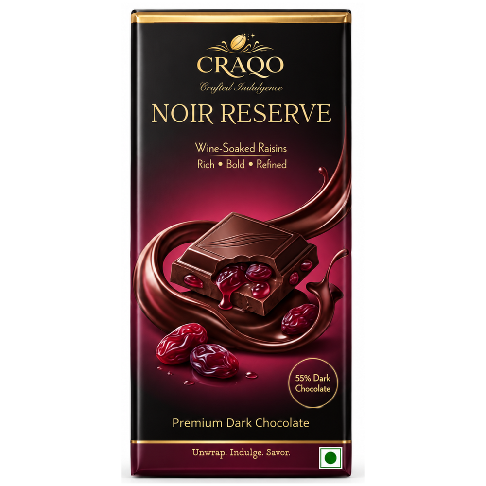 CRAQO Noir Reserve Premium Dark Chocolate Bar | Wine-Soaked Raisins | Rich & Luxurious | 75g