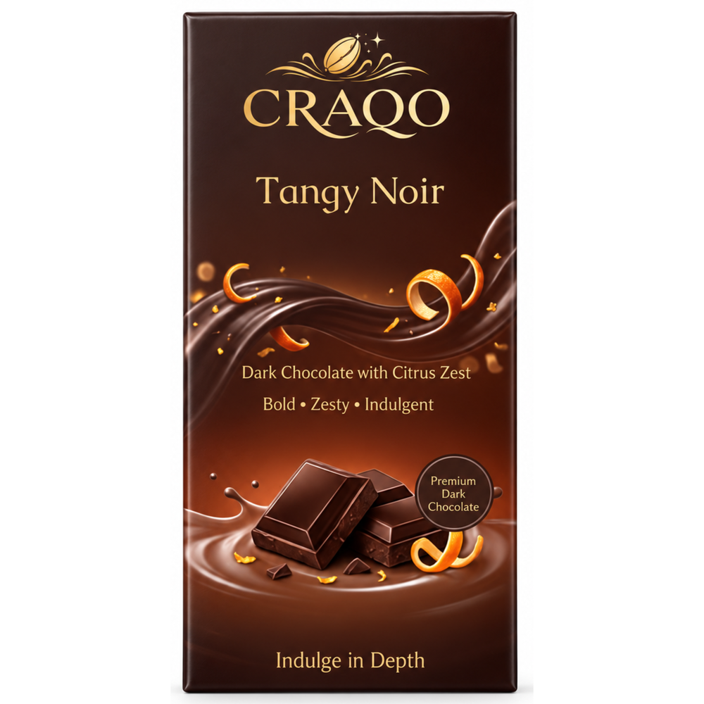 CRAQO Tangy Noir Premium Dark Chocolate Bar | Rich Cocoa with Zesty Orange | 75g