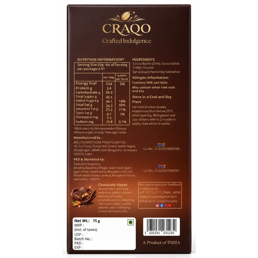 CRAQO Roasted Crunchy Premium Chocolate Bar | Rich, Nutty & Irresistibly Crunchy | 75g