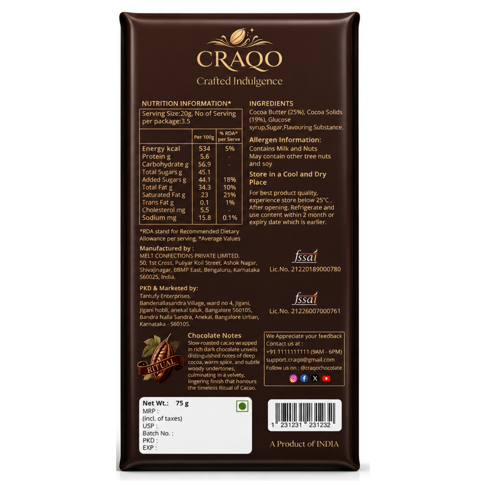 CRAQO Dark Ritual 70% Dark Chocolate Bar (75g) | Intense, Rich, Smooth Indulgence