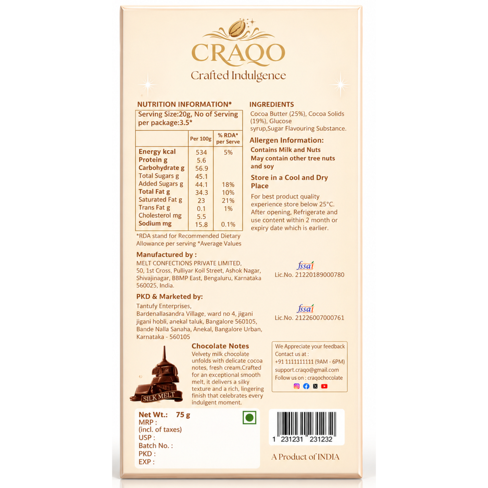 CRAQO Silk Melt Milk Chocolate Bar (75g) | Smooth, Creamy & Rich Indulgence