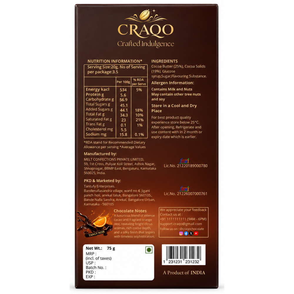CRAQO Tangy Noir Premium Dark Chocolate Bar | Rich Cocoa with Zesty Orange | 75g