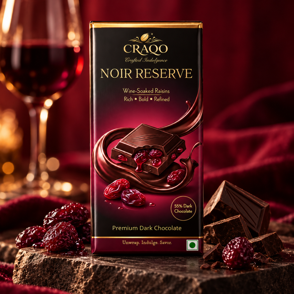 CRAQO Noir Reserve Premium Dark Chocolate Bar | Wine-Soaked Raisins | Rich & Luxurious | 75g