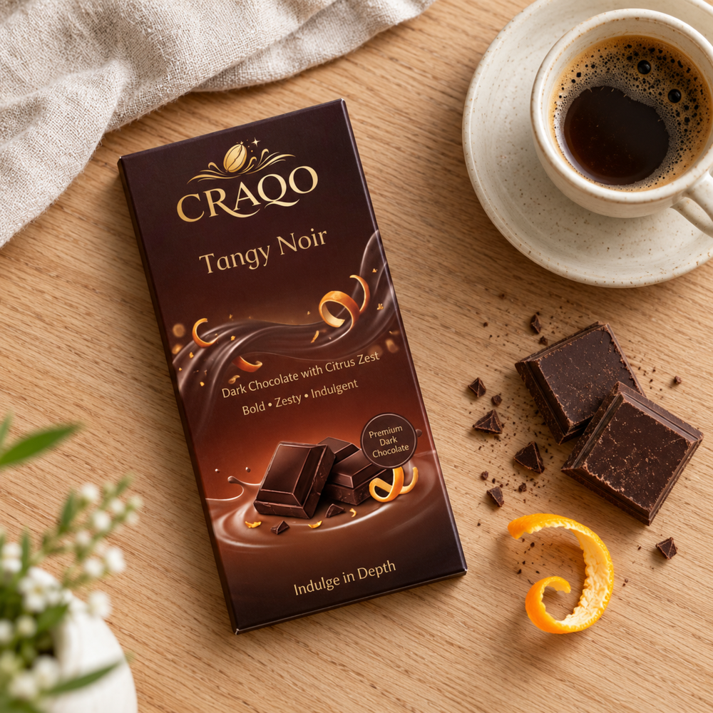 CRAQO Tangy Noir Premium Dark Chocolate Bar | Rich Cocoa with Zesty Orange | 75g