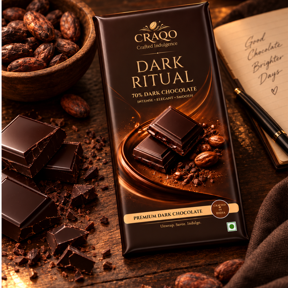 CRAQO Dark Ritual 70% Dark Chocolate Bar (75g) | Intense, Rich, Smooth Indulgence