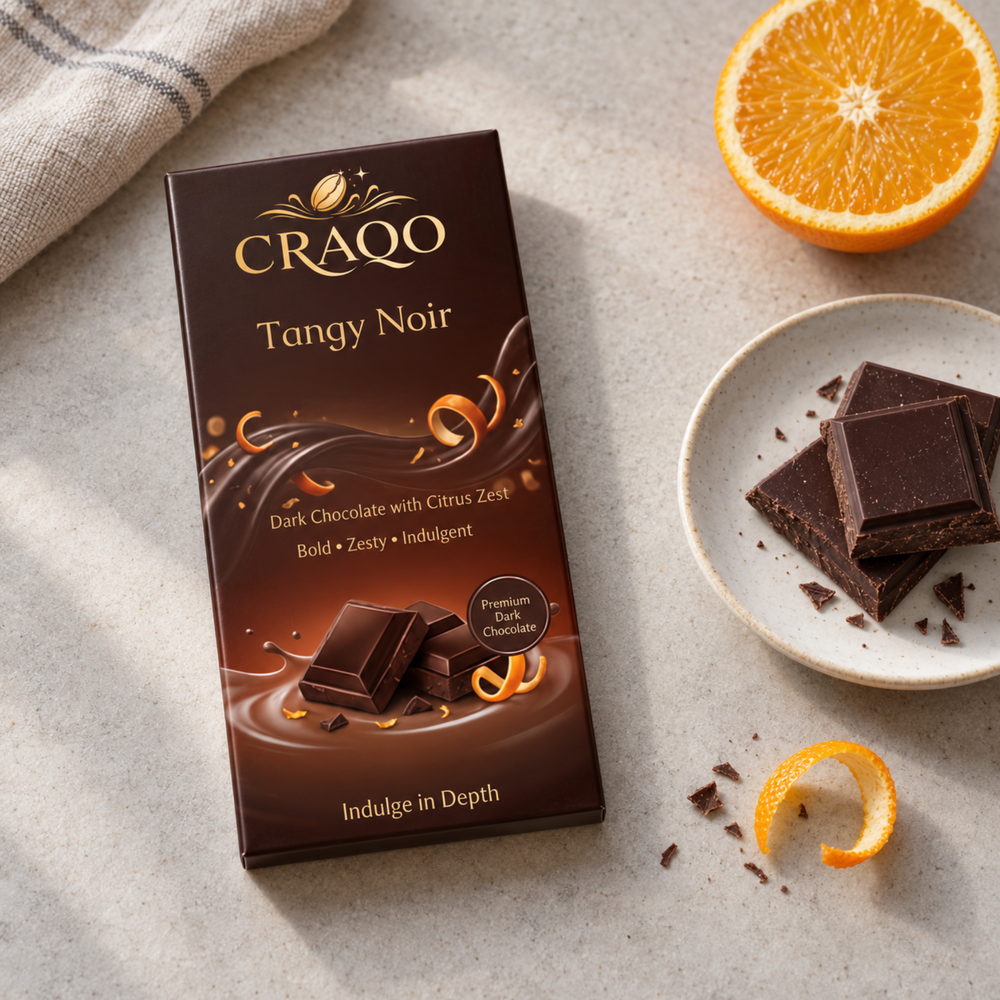 CRAQO Tangy Noir Premium Dark Chocolate Bar | Rich Cocoa with Zesty Orange | 75g