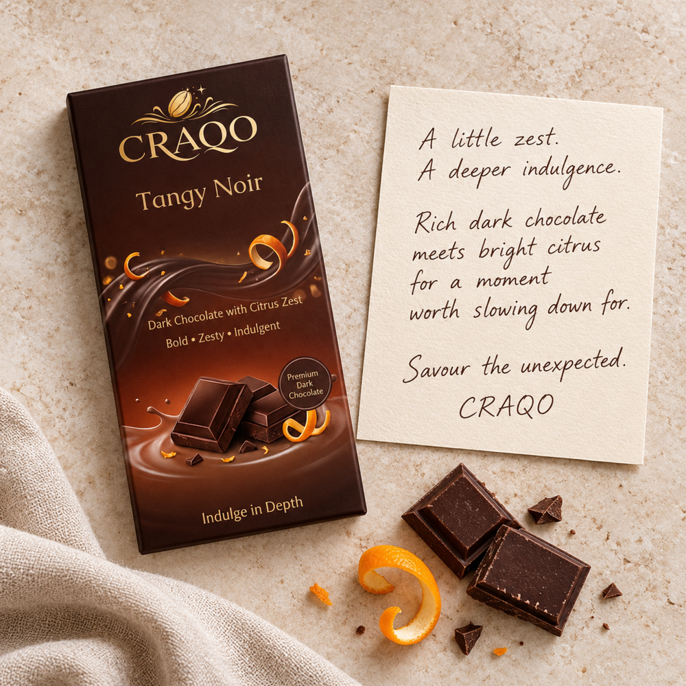 CRAQO Tangy Noir Premium Dark Chocolate Bar | Rich Cocoa with Zesty Orange | 75g