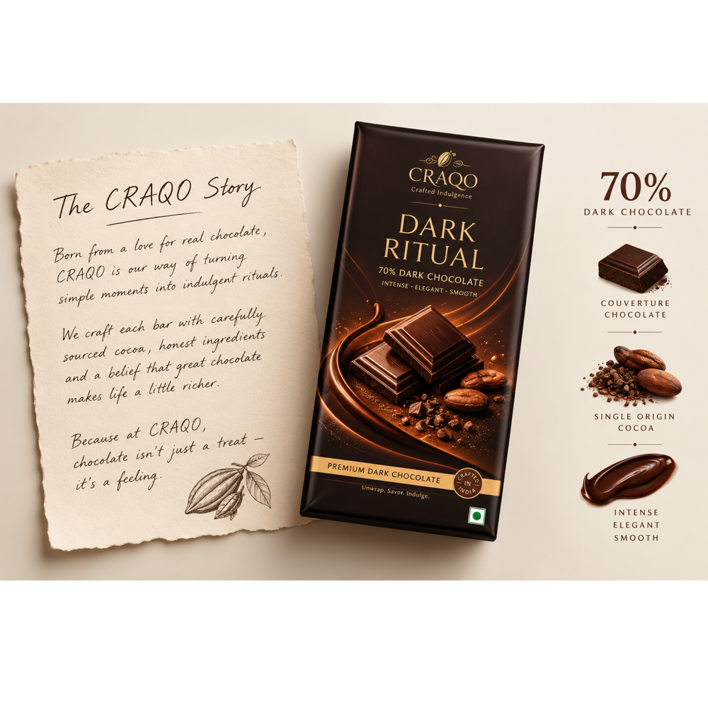 CRAQO Dark Ritual 70% Dark Chocolate Bar (75g) | Intense, Rich, Smooth Indulgence