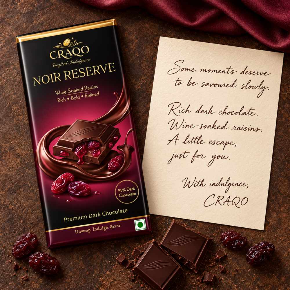 CRAQO Noir Reserve Premium Dark Chocolate Bar | Wine-Soaked Raisins | Rich & Luxurious | 75g